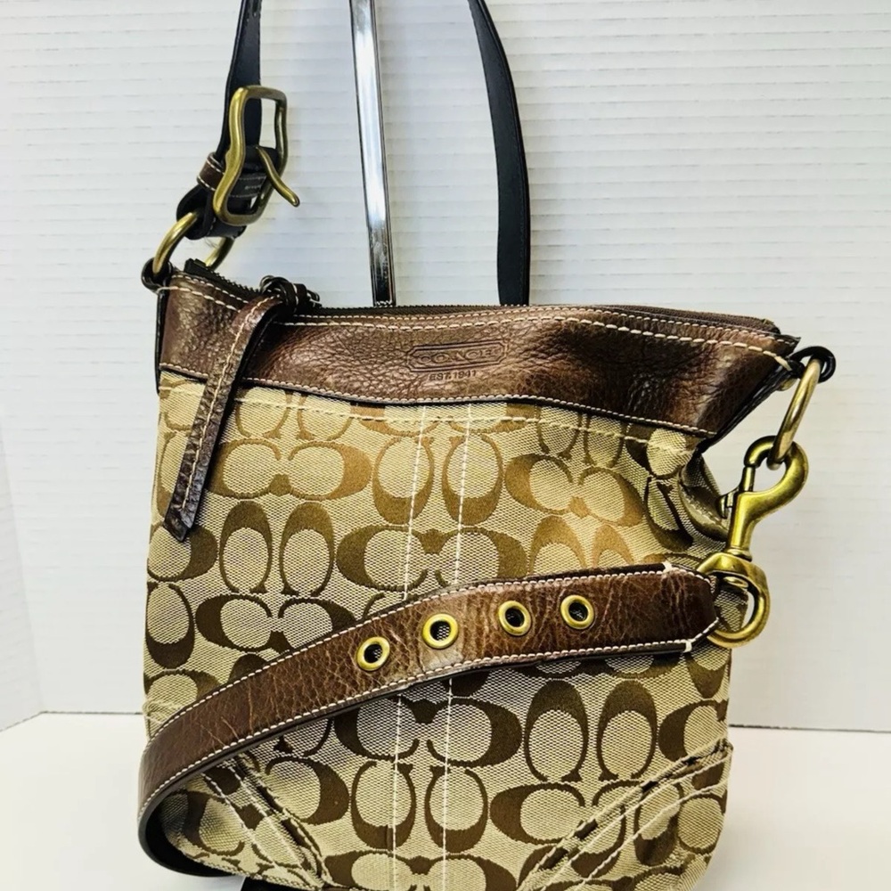 Coach Signature 10402 Crossbody Purse Shoulder Bag with Leather Trim Brown